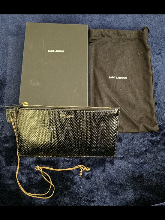 Saint Laurent Handbags - Saint Laurent Black Snake-Embossed Leather Chain Pouch with Gold Hardware